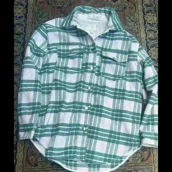 Joie Womens Fleece Plaid Print Long Sleeve Button Up Shacket Green And W Size L - Picture 1 of 2